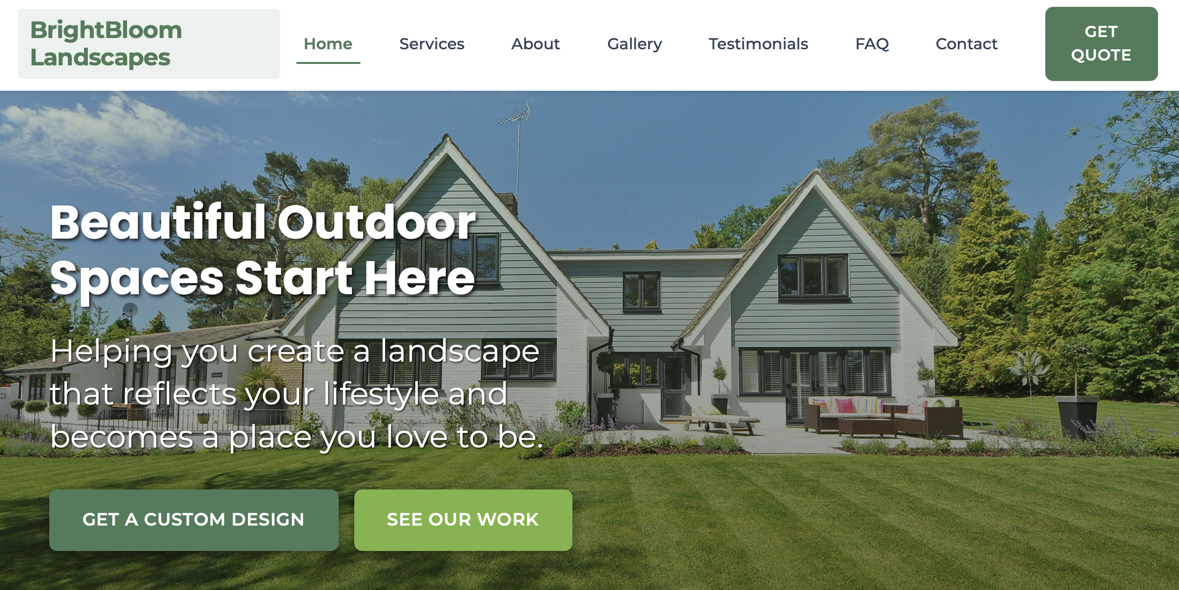 Bright Bloom Landscapes website homepage showing beautiful landscape design
