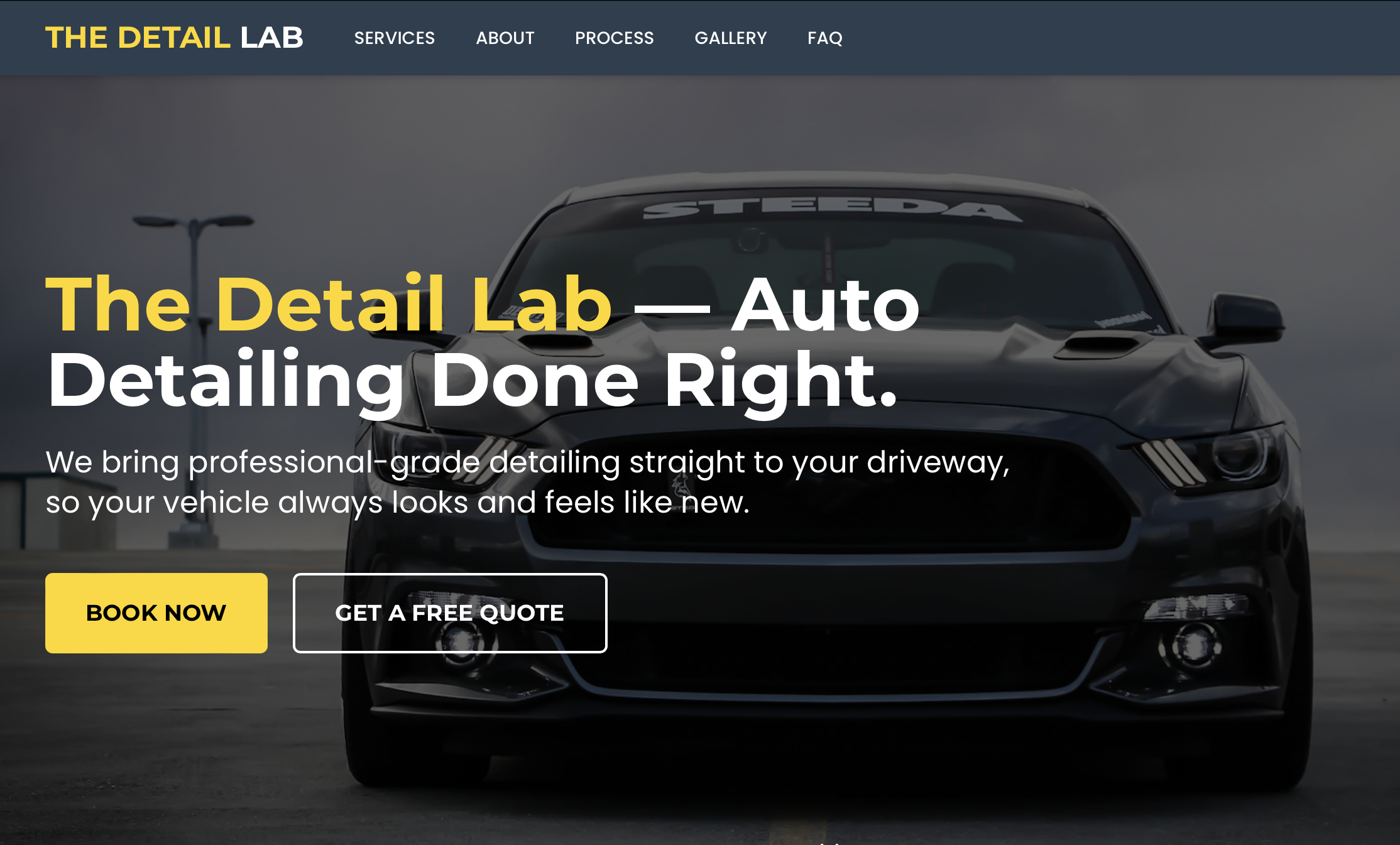 The Detail Lab website homepage showing professional auto detailing services