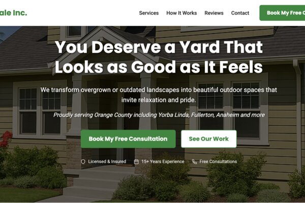 Lawndale Inc. landscaping website featuring complete homepage design with navigation, hero section, and professional yard transformation services